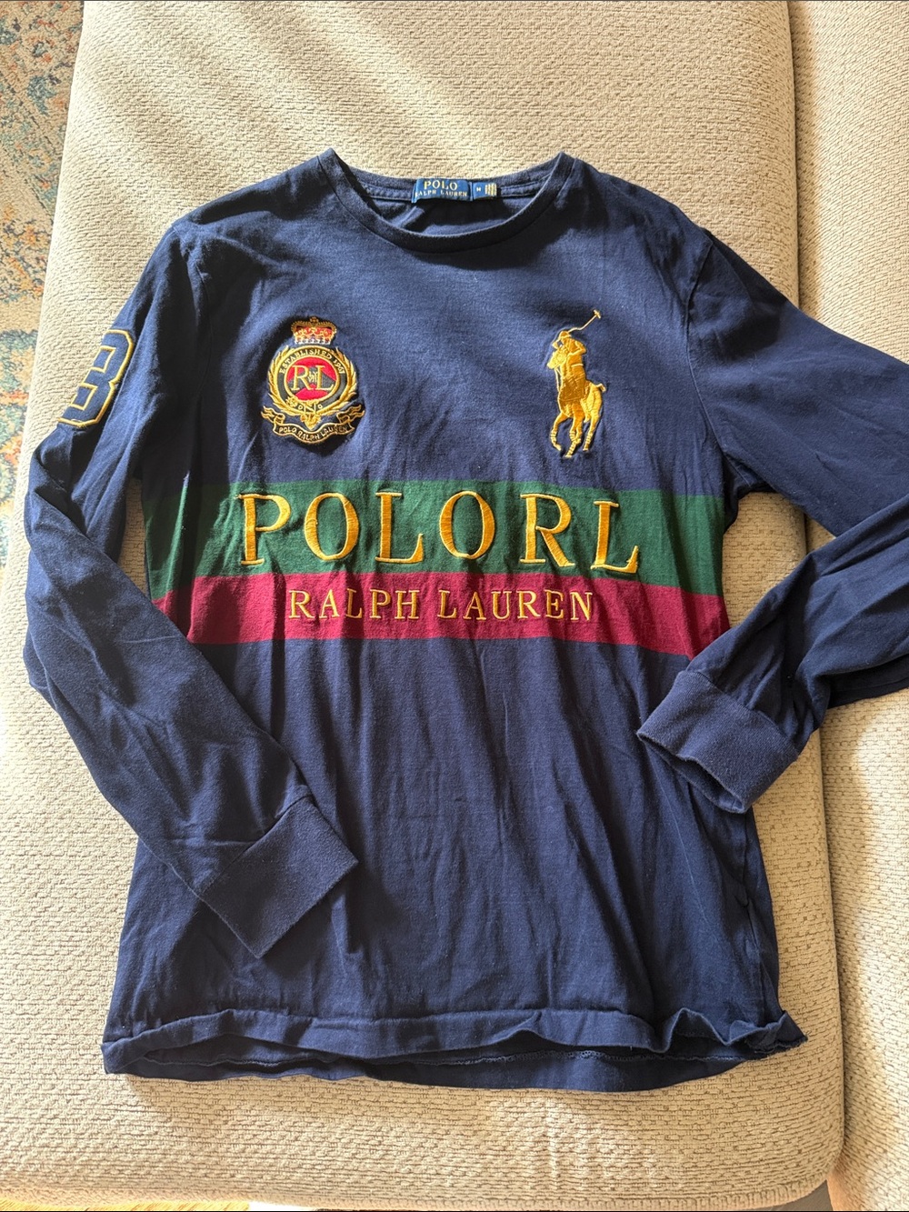 Ralph Lauren Navy Long Sleeve Polo Crest Tee with Green & Red Stripes